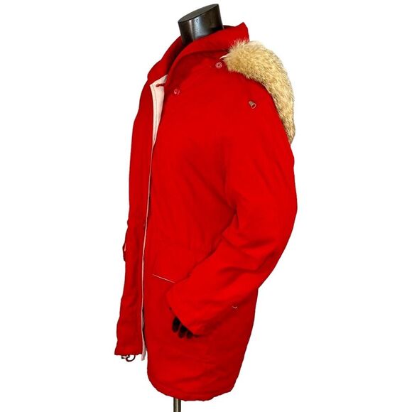 London Fog Womens Fur Hooded Anorak Zip Up Red Coat Snap Button Front Pockets - Picture 2 of 7